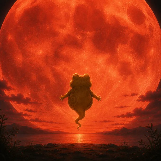 Digital fantasy artwork depicting a small, toad-like creature floating against a massive, glowing red moon over a calm body of water, surrounded by silhouetted foliage.
