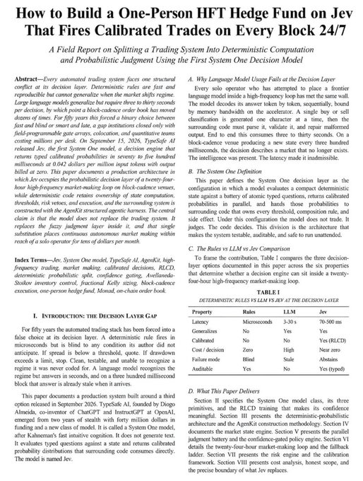 The title and abstract section of an academic paper titled 'How to Build a One-Person HFT Hedge Fund on Jev That Fires Calibrated Trades on Every Block 24/7' by Jev, detailing a system one decision model.