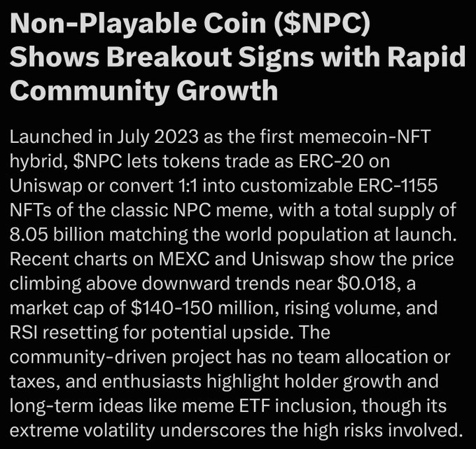 An informational graphic details Non-Playable Coin ($NPC), highlighting its July 2023 launch as a memecoin-NFT hybrid with an 8.05 billion supply and recent price breakout above $0.018, supporting the post's claim that $NPC is trending on 𝕏 amid its community growth and bullish chart signals.