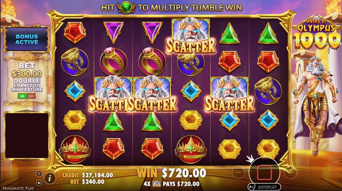 The image shows a "Gates of Olympus 1000" slot game in the middle of a bonus round, featuring Zeus on the right side and colorful gems with "SCATTER" symbols scattered across the reels, with a "WIN $720.00" displayed and a "BONUS ACTIVE" notice on the left. This perfectly illustrates the post's message—after sizing the bet at $240 on a $300 balance, the player won $720, reinforcing the "simple" strategy of setting the bet and letting it play out rather than overthinking it.