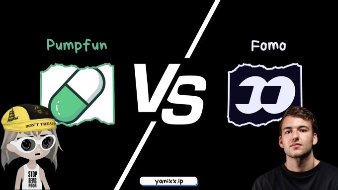 A versus comparison graphic featuring "Pumpfun" with a green pill icon and an anime-style character on the left, and "Fomo" with a dark logo and a photo of a young man on the right, with "vanixx.ip" watermark at the bottom.
