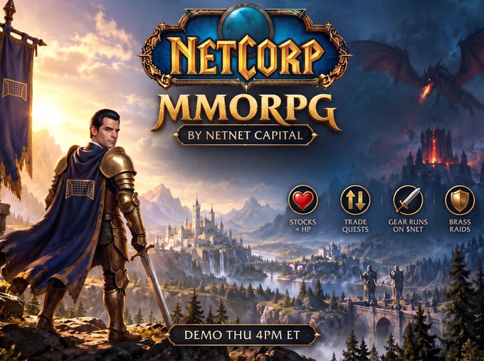 A fantasy-style advertisement for 'NetCorp MMORPG by NetNet Capital' featuring a warrior in golden armor, with icons for 'Stocks = HP', 'Trade Quests', 'Gear Runs on $NET', and 'Brass Raids', advertising a demo on Thursday at 4PM ET.