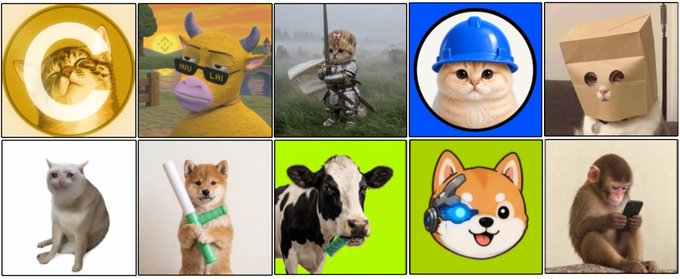 A grid of ten animal images, including a cat on a Bitcoin-style coin, a Shiba Inu wearing sunglasses, a cow, a cyberpunk cat in a helmet, and a monkey using a phone, humorously representing various animal-themed cryptocurrency memecoins.
