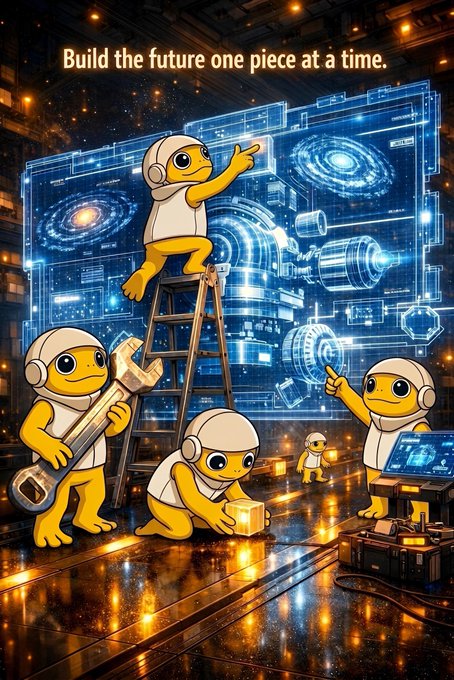 A team of futuristic turtle-like workers in helmets constructs a glowing blue holographic schematic, with one pointing to the blueprint, another holding a wrench, and others assembling components on the ground beneath the text "Build the future one piece at a time." The image visually embodies the post's message of patient, piece-by-piece engineering toward a larger vision, with the $TURBO ticker reinforcing the project's ongoing construction and forward momentum.