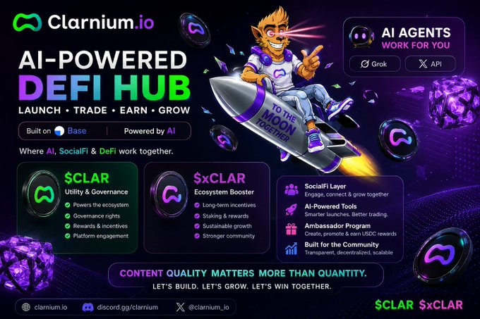The image features a poster for a website called ClarniumIO that promotes AI-powered Defi Hubs, which are digital assets backed by cryptocurrency. The poster includes an illustration of a man riding a rocket ship with a smiley face on his forehead, and text promoting the benefits of investing in these Defi Hubs. The image also contains a list of features and benefits for those who invest in them, such as earning USDC (User Deductions Coin) and xCLAR (XC Currency).