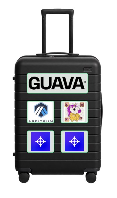 A black suitcase adorned with stickers for GUAVA, Arbitrum, and an Ethereum-style diamond logo.