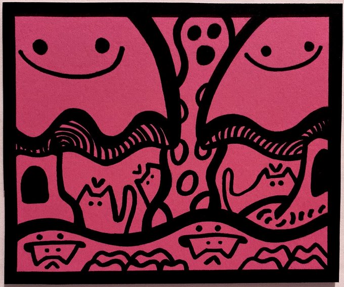 A pink and black stylized illustration featuring abstract cats, smiley faces, and other whimsical line-art figures.