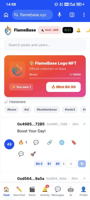 The image shows an app called "FlameBase" with a blue background and white text, which appears to be a social media platform for users to share their posts and interact with others. The main focus of the image is a post by someone named "Herkese", who has shared her thoughts on the post. The post includes a link to another post that says "Onchain işlem Her bahşiş". There are also several other posts in the image, including one about boosting your day and another about sharing news articles.