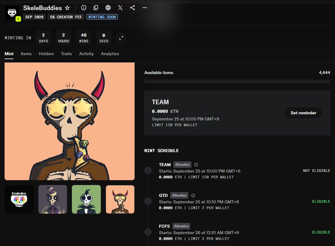 A screenshot of the SkeleBuddies NFT minting page showing a countdown of 2 days, 2 hours, 46 minutes until minting, with a skeleton character with star-shaped sunglasses and the TEAM, GTD, and FCFS mint schedule.