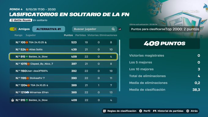 A Fortnite game statistics screen shows the Battle Royale ranking with player "Baldeis_Is_Slow" highlighted, having 409 points to qualify for the Top 2000.