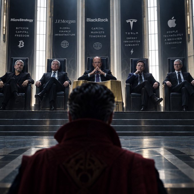 A digital artwork depicting a figure in a red cloak facing a council of five powerful figures seated on thrones, with banners reading 'MicroStrategy', 'J.P. Morgan', 'BlackRock', 'TESLA', and the Apple logo, suggesting a gathering of major tech and financial leaders.