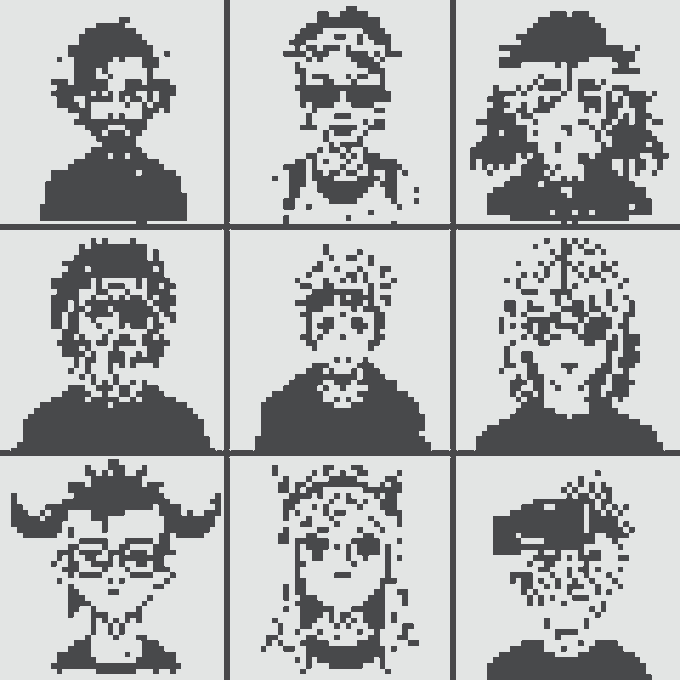 A 3x3 grid of pixelated black-and-white character portraits, resembling classic video game sprite heads, including one figure wearing a horned helmet.
