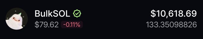 A cryptocurrency ticker displays "BulkSOL" priced at $79.62 (-0.11%) with a value of $10,618.69, accompanied by a cartoon moon avatar.
