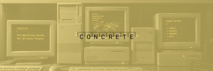 A vintage computer setup bathed in sepia tones, featuring CRT monitors displaying "CONCRETE OS" and "CONCRETE.METHODS" menus alongside old desktop towers, with the word "CONCRETE" stylized across the center. The retro tech imagery visually reinforces the post's message by framing Concrete as the foundational "operating system" for on-chain finance, complete with menu options like "CORRECT," "VALIDATE," and "DEPLOY" that mirror the stack's structured approach to blockchain operations.