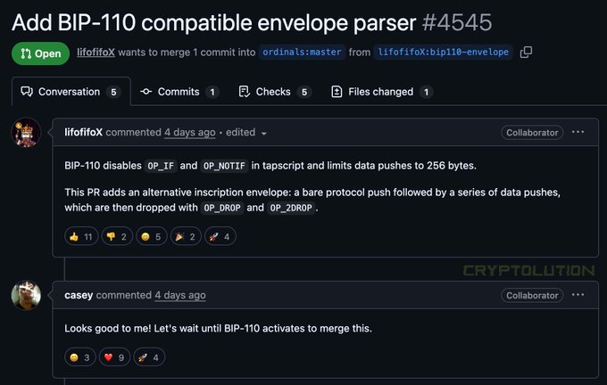 GitHub pull request #4545 titled "Add BIP-110 compatible envelope parser" on the `ordinals` repo, opened by lifofifoX, with casey (rodarmor) approving in the comments and suggesting they wait for BIP-110 activation before merging.