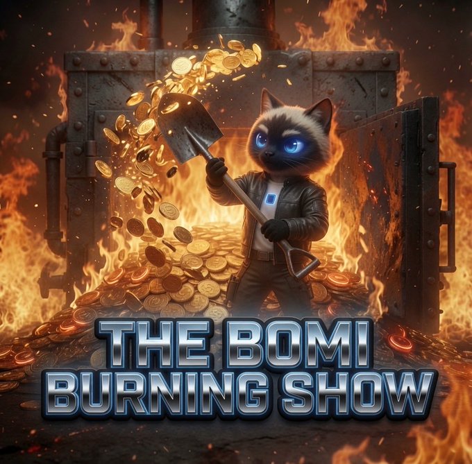 A Siamese cat character in a leather jacket stands before an open furnace engulfed in flames, shoveling a cascade of gold coins into the fire. The bold metallic text reads "THE BOMI BURNING SHOW," visually reinforcing the post's announcement of $BOMI's upcoming weekly token burn events with onchain proof.