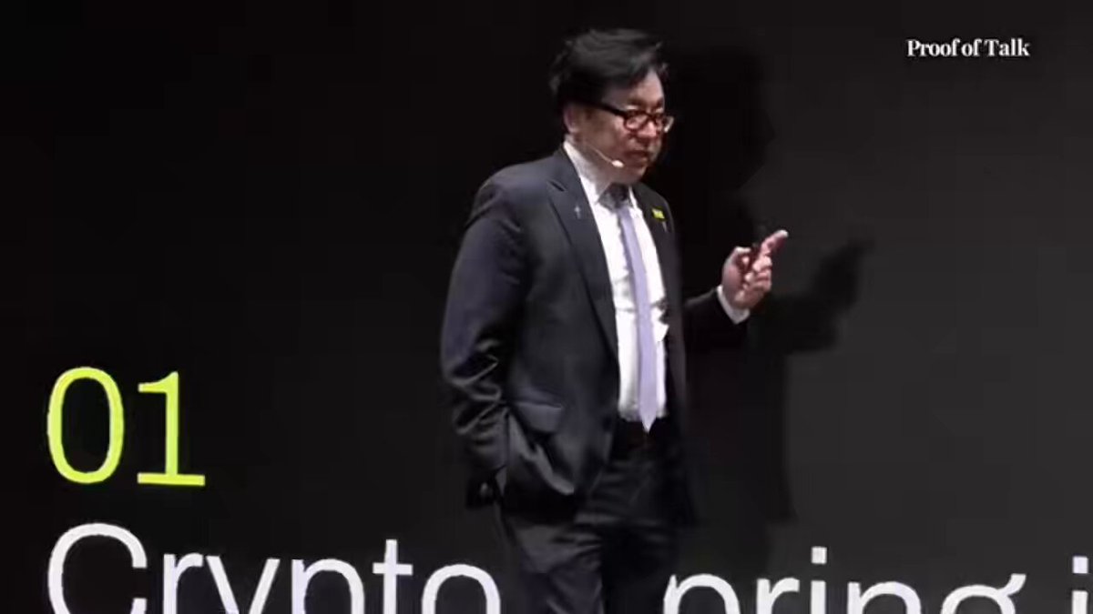 The image features an older man dressed in a suit standing against a black background with white text that reads "01 Crypto Spring Is Here. Ethereum has been stuck in the same range for almost 5 years. He says that range is waiting for a decisive breakout, and the setup is turning bullish fast. Oil pressure fading CLARITY Act momentum Pro-crypto White House Pro-bitcoin". The man appears to be giving a speech or presentation about cryptocurrency and its potential impact on the market.
