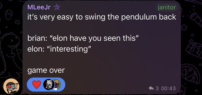 The image shows a Discord message from user "MLeeJr" (with a "janitor" badge) reading "it's very easy to swing the pendulum back," followed by a fake exchange: "brian: 'elon have you seen this'" and "elon: 'interesting'" — ending with "game over." The post caption "base literally got the grok coin" suggests the joke is about Elon Musk briefly acknowledging a crypto meme, implying his attention can instantly drive a token's momentum.
