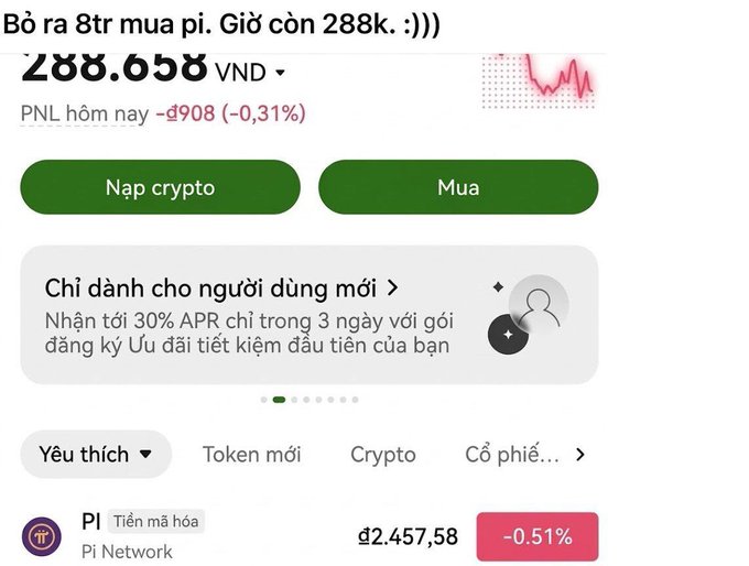 A Vietnamese-language crypto wallet screenshot showing a balance of 288.658 VND with Vietnamese text about buying 8 Pi coins, listing Pi Network cryptocurrency at đ2,457.58.