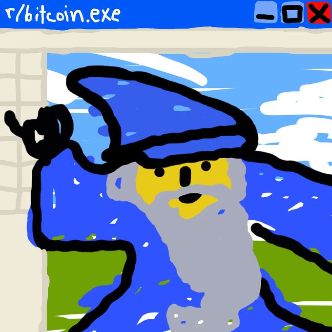 A crude MS Paint-style drawing of a wizard with a blue pointed hat, yellow face, and gray beard is displayed in a Windows-style window titled "r/bitcoin.exe," featuring button-like numbers and an X. The whimsical illustration represents Wizard #170 in the "10,000 Bitcoin Wizards" series, curated by @mavensbot, released daily until Bitcoin reaches $1,000,000.