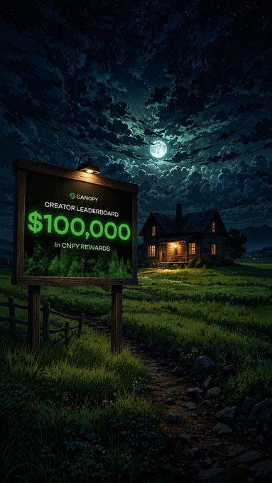 A moonlit countryside scene features a wooden sign illuminated by a lantern, displaying "CANOPY CREATOR LEADERBOARD $100,000 in CNPY REWARDS" beside a cozy farmhouse with glowing windows. The image visually reinforces the post's theme of engaging with @CNPYNetwork, symbolizing the rewards and community-driven incentives offered by the platform's creator leaderboard initiative.