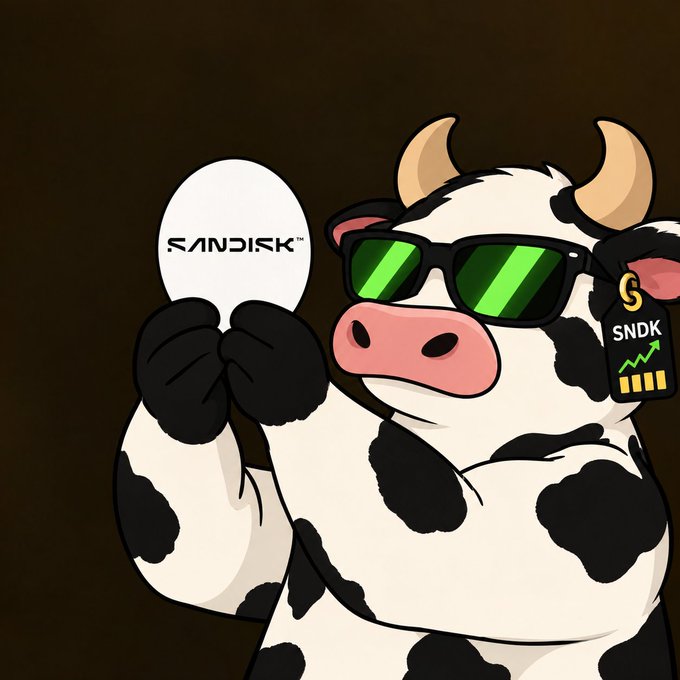A cartoon cow wearing green sunglasses holds up a white SanDisk flash drive in one hand, while its other hoof displays a tag reading '$SNDK' with an upward arrow.