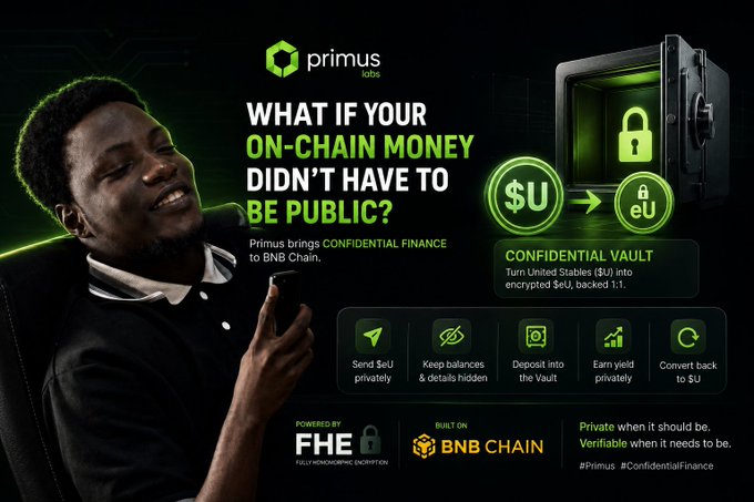A promotional graphic for **Primus Labs** features a smiling man beside the headline "What if your on-chain money didn't have to be public?" It highlights the **Confidential Vault** feature on **BNB Chain** (powered by **FHE**), which allows users to convert US$ into encrypted $eU for private transactions, hidden balances, and yield, tagged with #Primus and #ConfidentialFinance.