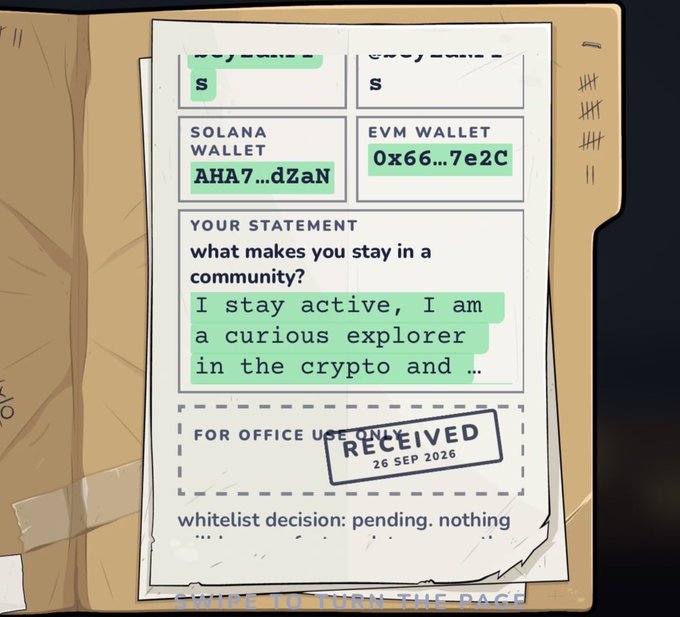An illustration of a folder containing a form with crypto wallet addresses ('SOLANA WALLET AHA7...dZaN' and 'EVM WALLET 0x66...7e2C'), a statement reading 'what makes you stay in a community? I stay active, I am a curious explorer in the crypto and...', and a 'RECEIVED 26 SEP 2026' stamp.