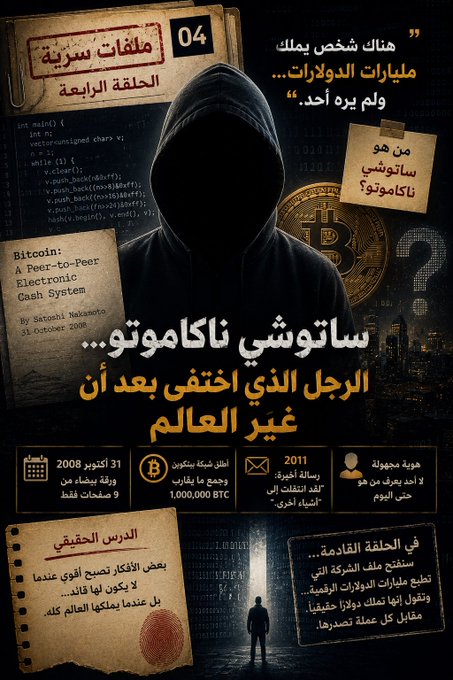 The image is an Arabic-language promotional graphic for the fourth episode of a series called "ملفات سرية" (Secret Files), featuring a hooded figure symbolizing Satoshi Nakamoto, the mysterious creator of Bitcoin, surrounded by references to the 2008 Bitcoin whitepaper "Bitcoin: A Peer-to-Peer Electronic Cash System," code snippets, and a Bitcoin logo, with text highlighting key dates like October 31, 2008 and 2011, and the claim that Nakamoto vanished after changing the world.