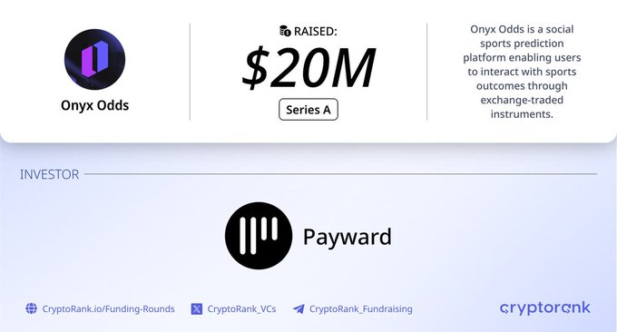 The image is an infographic showing that Onyx Odds raised $20M in Series A funding with Payward as an investor, supporting the post's description of Onyx Odds as a well-funded social sports prediction platform offering free participation opportunities for a potential airdrop.
