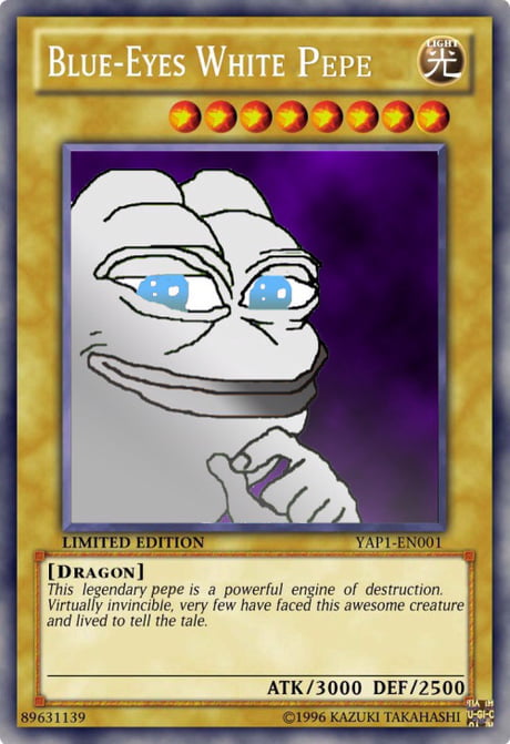 A custom Yu-Gi-Oh! trading card titled "Blue-Eyes White Pepe" featuring a Pepe the Frog character with blue eyes, marked as a Light Dragon-type Limited Edition with ATK/3000 DEF/2500, describing it as "a powerful engine of destruction."