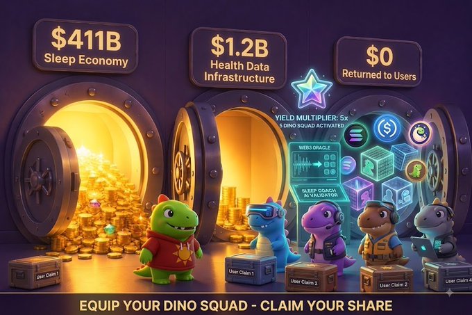 A promotional graphic showing vault-like openings containing '$411B Sleep Economy', '$1.2B Health Data Infrastructure', and '$0 Returned to Users' with cartoon dinosaur characters and the text 'EQUIP YOUR DINO SQUAD - CLAIM YOUR SHARE'.
