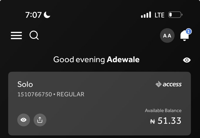The image shows a mobile banking app screenshot displaying a personalized greeting "Good evening Adewale" with a "Solo" account under the "access" bank, showing an available balance of ₦51.33. The phrase "owo ti ku waso" (Yoruba meaning "money is about to finish") humorously corresponds to the visibly low account balance of just 51.33 Naira.