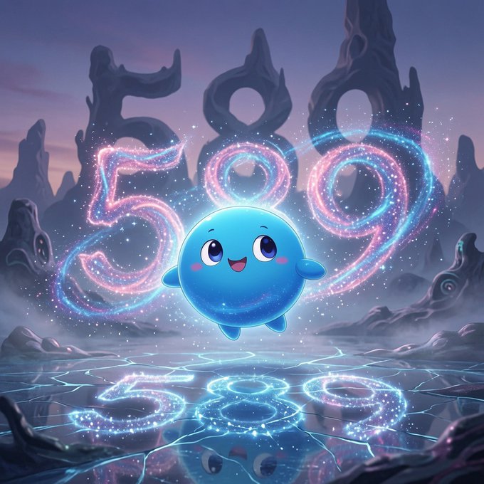 A cheerful blue blob character floats in a mystical landscape with glowing "589" rendered in magical pink and blue script, mirrored on a reflective cracked surface below. The enchanted cosmic numerals visually represent the "signal 589" mentioned in the post, symbolizing an early, mystical entry into the $XRP community.