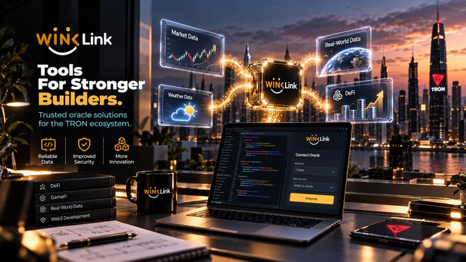 A promotional graphic for **WinkLink** showcases its oracle solutions for the TRON ecosystem, featuring a developer workspace with a laptop displaying code and an "Integrate" button. The image highlights three key data categories—**Market Data**, **Real-World Data**, and **DeFi**—along with weather information and claims of "Reliable Data," "Improved Security," and "More Innovation." 

The visual reinforces the post's message about empowering developers with robust blockchain tools, illustrating how WinkLink's infrastructure provides the secure, reliable data feeds needed to build innovative applications like **GameFi**, **Real-World Data** integrations, and **Web3 Development** projects.