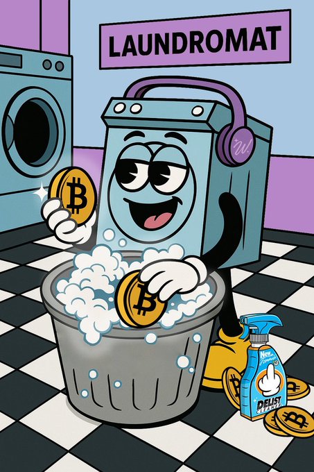 The image features a cartoon character, specifically a blue robot dog, standing next to a bucket of coins. The robot dog has a big smile on its face as it holds two gold Bitcoins in its hands. The bucket filled with coins is placed near a washing machine and a bottle of cleaning solution. The post includes text that reads "Laundromat", which suggests the scene takes place in a laundry room or a laundromat, where the robot dog is using the coins to wash clothes.
