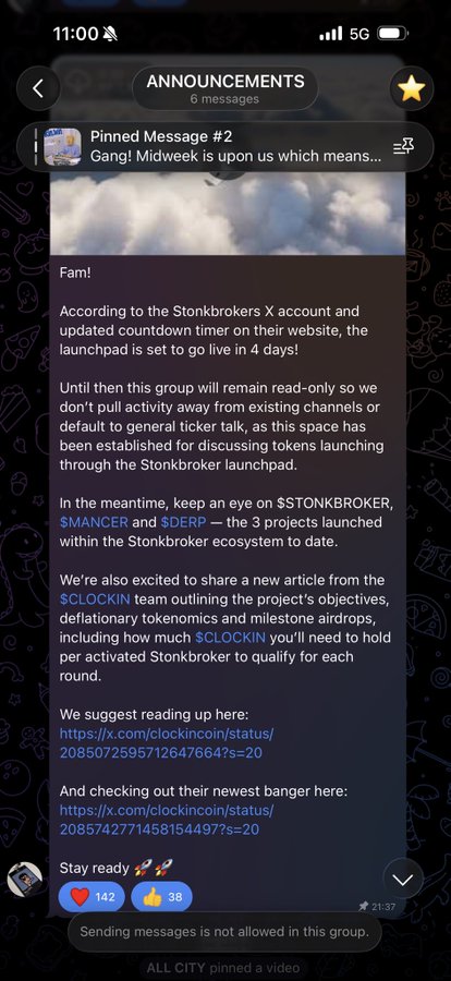 The image is a Telegram announcement from a group called "Stonkpad," discussing an imminent 4-day launch by Stonkbrokers, referencing the $STONKBROKER, $MANCER, and $DERP tokens, and highlighting a new article about $CLOCKIN tokenomics. The note expresses skepticism about a promise from @AllCityBAYC and @OxSimpleFarmer for a fair launch, suggesting this update is viewed as FUD rather than reassuring.

Caption: "Telegram announcement from Stonkpad about an upcoming 4-day launch referencing $STONKBROKER, $MANCER, $DERP, and $CLOCKIN—a reader's note calls @AllCityBAYC and @OxSimpleFarmer's fair launch promise into question as potential FUD."