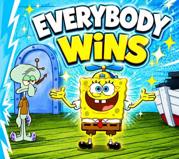 A vibrant graphic featuring SpongeBob SquarePants with a helicopter propeller hat celebrating, with Squidward in the background and large text reading 'EVERYBODY WINS'.