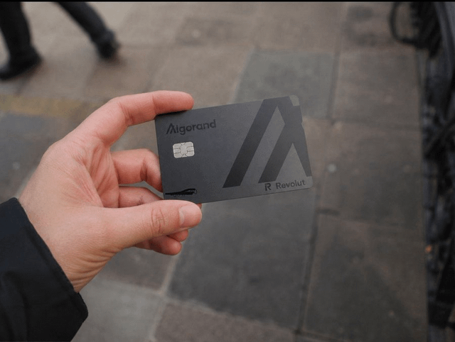 The image shows a person holding up an Algorand-designed Revolut card, which has a black and gray color scheme with the word "Revolut" written on it. The card appears to be made of metal or plastic material, as indicated by its size and shape. The person is standing in front of a sidewalk, suggesting that they might have just received the card or are preparing to use it for payment purposes.