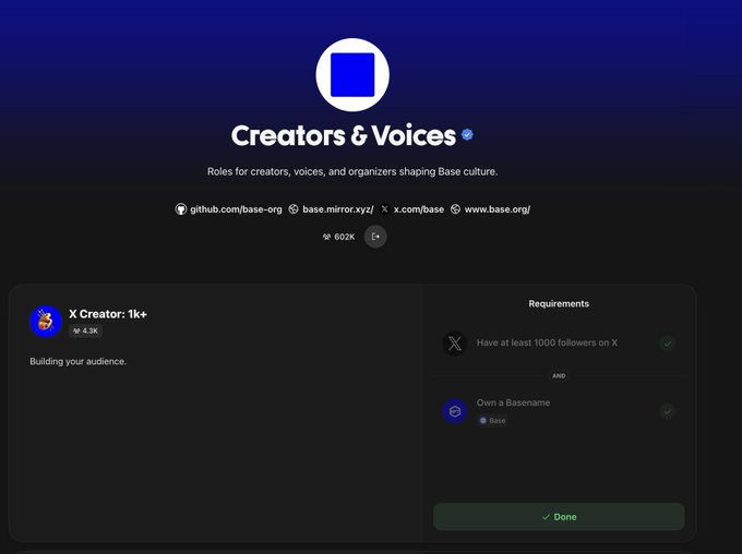 The image shows a webpage with a blue background, featuring a white circle logo at the top of the page. The text "Creators & Voices" is displayed below the logo, along with a list of requirements for creating an account on the platform. The website also has a social media sharing button and a contact form to help users share their content or reach out to others in the community.