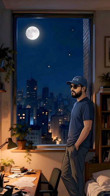 A digital illustration of a man with a beard, sunglasses, and a baseball cap standing by a window at night, looking out at a full moon and a city skyline.
