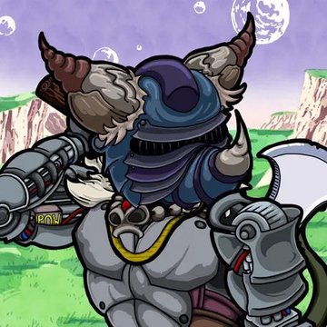 An illustration of a muscular, horned character wearing grey and blue armor with a black faceplate and the word 'RAW' on its chest, holding a large curved blade in a grassy landscape with planets in the sky.