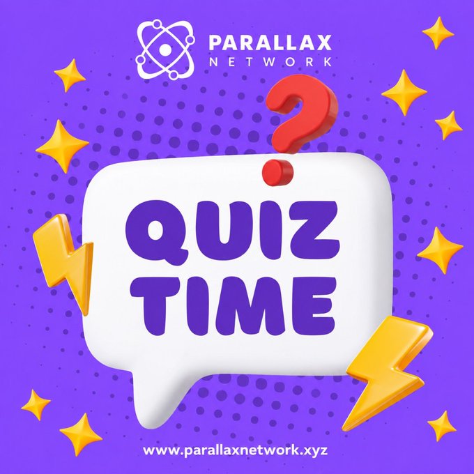 A stylized purple promotional graphic featuring a white speech bubble with "QUIZ TIME" in bold purple letters, decorated with yellow lightning bolts, golden sparkles, and a red question mark, alongside the "Parallax Network" logo and the URL "www.parallaxnetwork.xyz." The image visually reinforces the post's quick challenge asking followers to identify Parallax Network's consensus model from multiple-choice options.