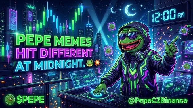 A vibrant neon-style digital artwork of a frog character in a hoodie DJing at midnight with text 'PEPE MEMES HIT DIFFERENT AT MIDNIGHT,' '$PEPE' token, and '@PepeCZBinance' handle.