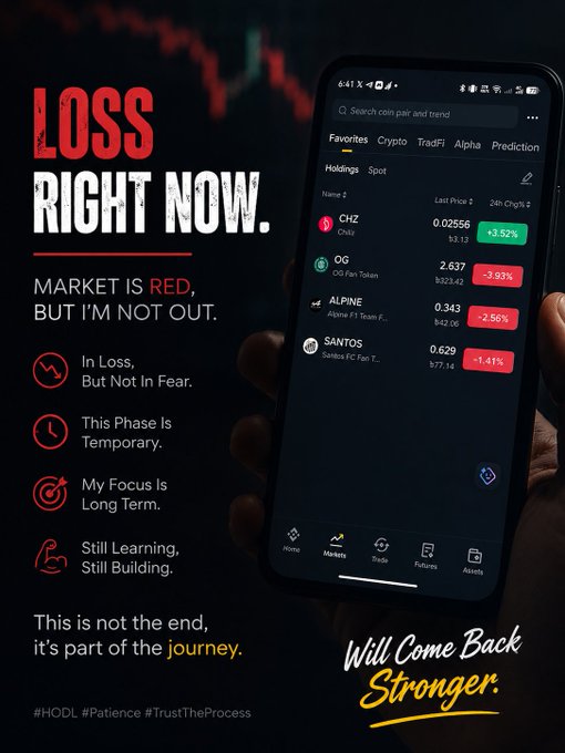 This image contains a cellphone showing a screen with stock market information, including trading options like Bitcoin, Cryptos, and others, along with the text that reads "Loss is right now. Market is red but I'm not out." The person holding the cell phone seems to be either showing or explaining this situation in response to the post on social media by a person called @HOCEPATHETHEPROCESS using a yellow and black theme.