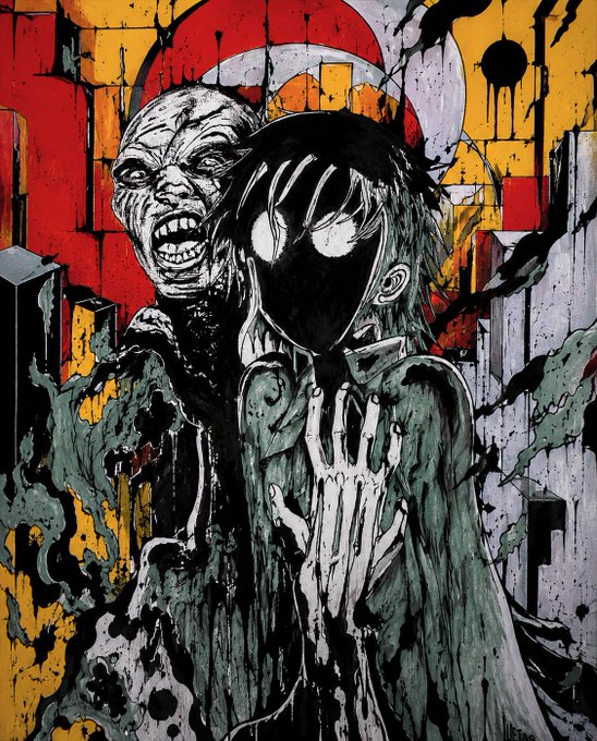 A dark comic illustration depicts two menacing figures—a vampire-like creature baring fangs and a shadowy entity with glowing white eyes—against a chaotic backdrop of dripping paint and urban ruins.