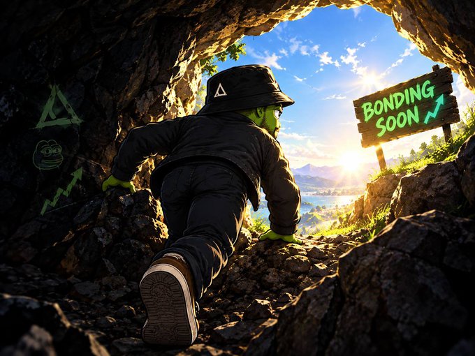 A stylized illustration of a hooded figure with green skin emerging from a cave, looking toward a wooden sign that reads 'BONDING SOON' with an upward trending arrow.