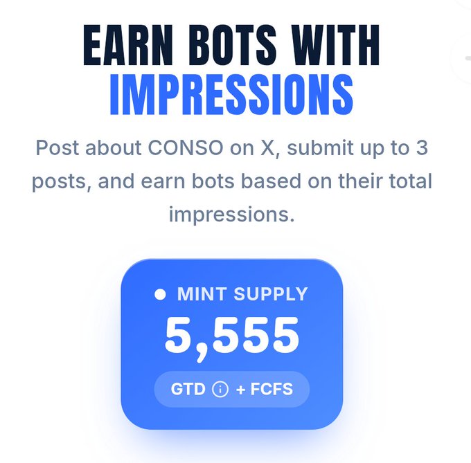 A promotional graphic titled "EARN BOTS WITH IMPRESSIONS" featuring a blue button displaying "MINT SUPPLY 5,555" and "GTD + FCFS".