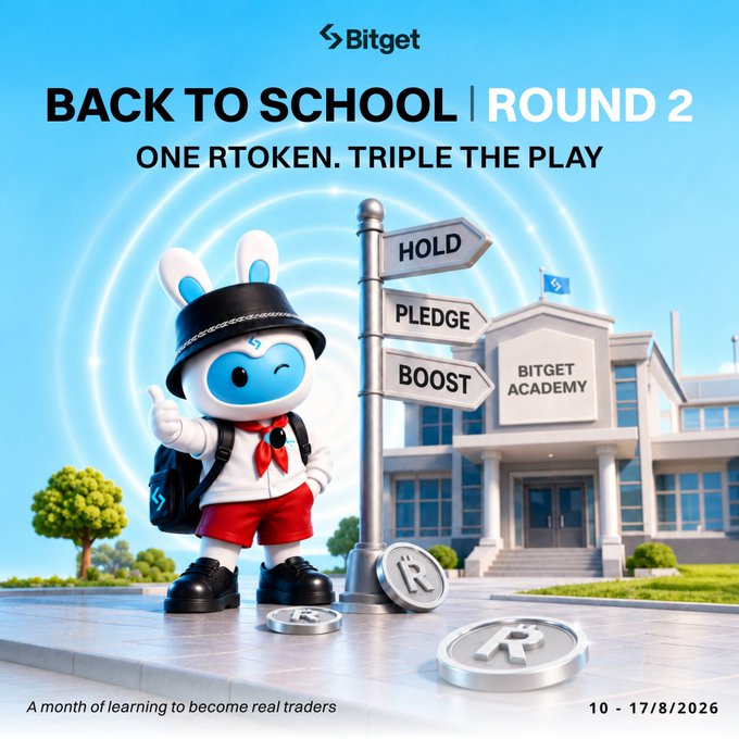 A 'Back to School | Round 2' promotional graphic for Bitget features a white rabbit-like character in a bucket hat standing near a signpost reading 'HOLD', 'PLEDGE', 'BOOST', dated 10-17/8/2026.