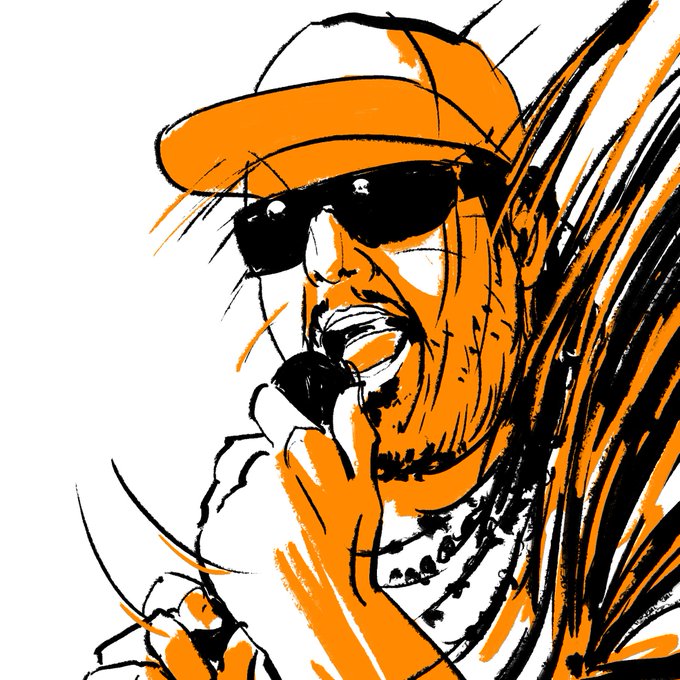 A stylized ink and orange sketch of a man wearing a cap and sunglasses, speaking into a microphone.